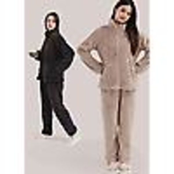 Kvinnors fluffiga pyjamas set kvarts dragkedja fleece 2 delar Sherpa pullover byxor set fuzzy sleepwear, ljusbrun L (130 catties - 150 catties)
