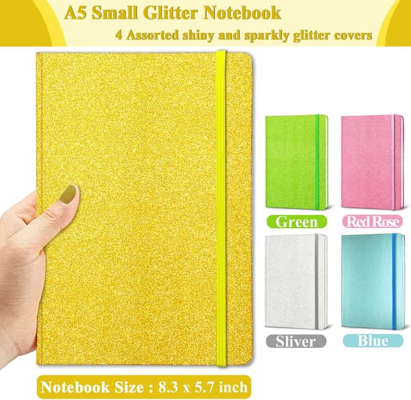 Gul notesbog A5, Glitter Hardback Notesbog til piger 160 sider foret notesblok Yellow