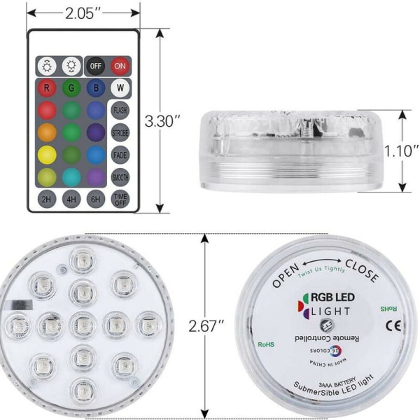 2-pakning med 13 LED RGB dekorative dykk LED-lys med RF-fjernkontroll