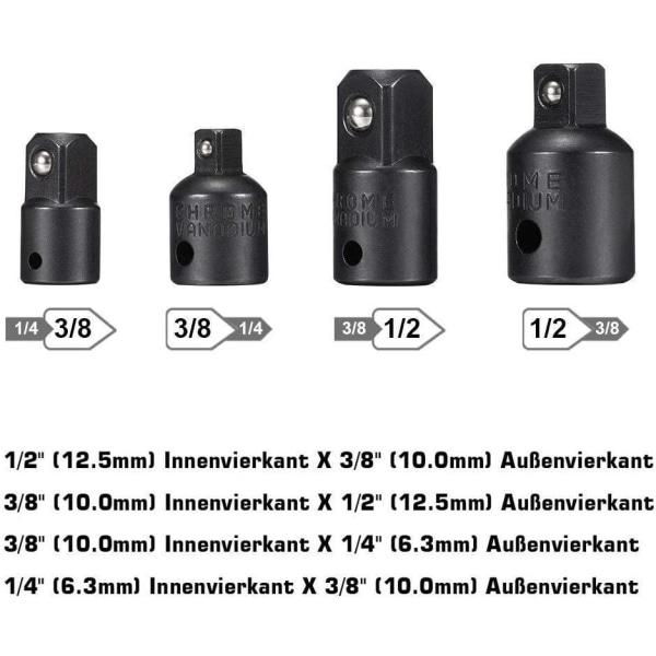 Hylsadapter 1/2 3/8 1/4 Hex Borr Bits Adapter Set Mutternyckel Reducer Hylsadapter Konverter spärrnycklar Bits (Svart)