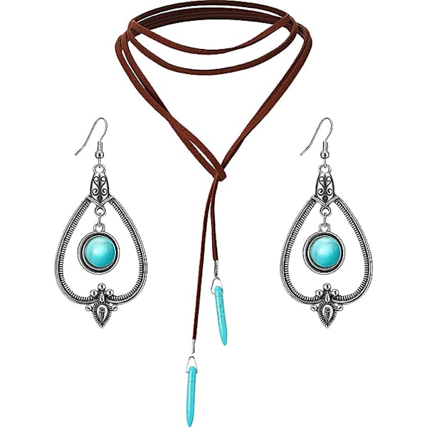 Turkis Vedhæng Lang Choker Ruskind Choker Halskæde med Vintage Turkis Statement Dangle Øreringe