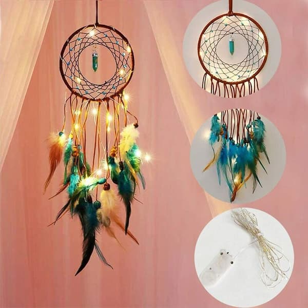 Liten drømmefanger med LED-lys, drømmefanger veggdekor hjemmedekor - 13 cm diameter, 45 cm lengde