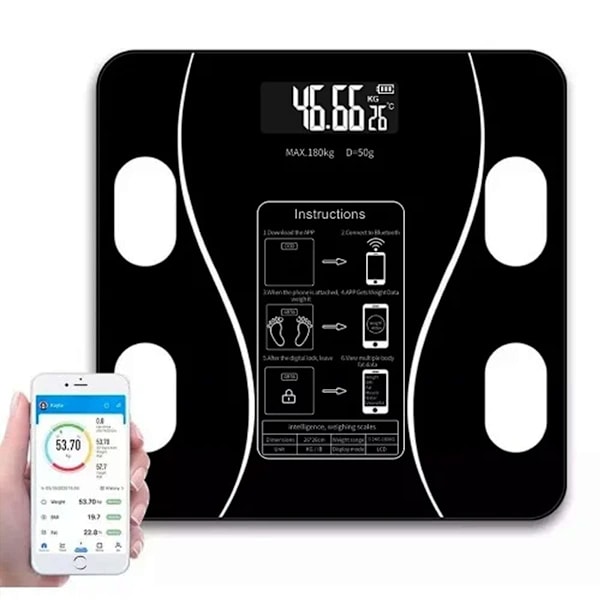 Digitaalinen älyvaaka kylpyhuoneeseen, kehon painoindeksi, puhelin, Bluetooth-yhteys, henkilökohtainen muisti, minimalistinen muotoilu, 5g/40kg