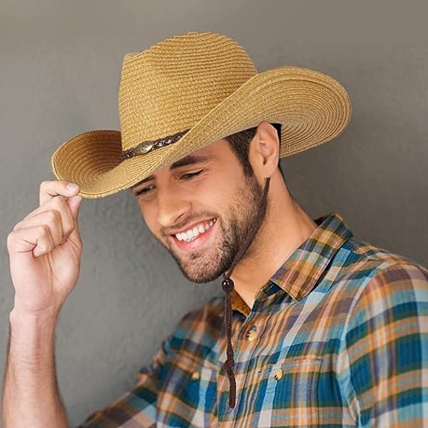 Västerländsk cowboyhatt (med rep) för kvinnor och män med hopfällbar sommar solskydd halmhatt bredbrättad hatt, khaki