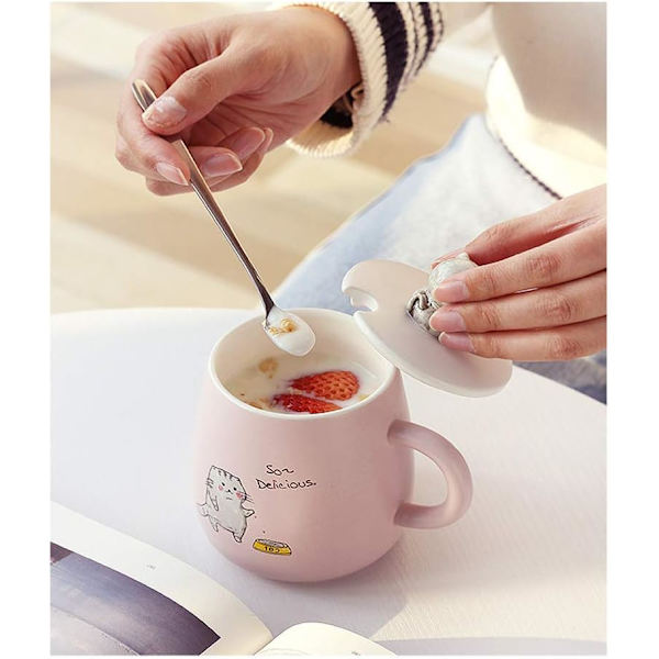 Kattmugg, söt kaffemugg i keramik, med 3D-formad kattlock och sked, för te, mjölk, varm choklad, födelsedagspresent till flickor och kvinnor 10x8cm (rosa)