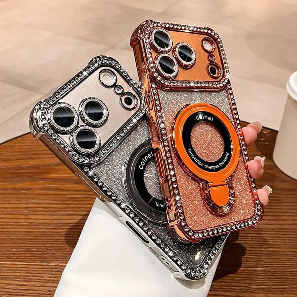 Magnetisk stativ til iPhone 17 Pro cover med glimmer-kort, blød TPU-diamantkofangerbeskyttelse, sort Black iPhone17PRO