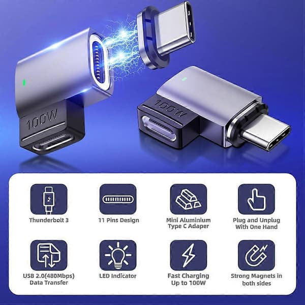 Magnetisk USB-C-adapter Vinklad Design 11-Pin Mini Typ-C-adapter Stödjer PD 100W 5A Snabbladdning