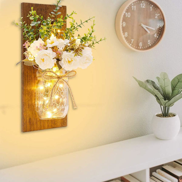 2 st rustika vägglampetter Sconces Handgjord väggkonst Hängande design med fjärrkontroll LED-fe-ljus och vit pion Peony+brown Board 13”x5.2”x0.6”