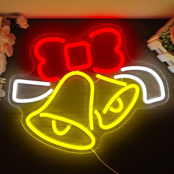 Jul neonskylt för väggdekor, klockformade LED-neonskyltar, dimbar Jingle Bell neonljus för sovrum, barnrum, bar, julbelysning