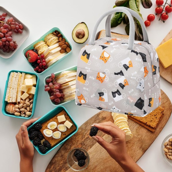 Isolerad lunchväska Tote Bag för kvinnor Bred öppen isolerad kylväska Vattentålig termisk läckagesäker lunchorganisatör för utomhuspicknickarbete (katt)