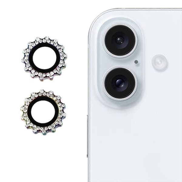 Kameraskydd för iPhone 16/16 Plus, kugghjulsform med strassdekor, härdat glas
