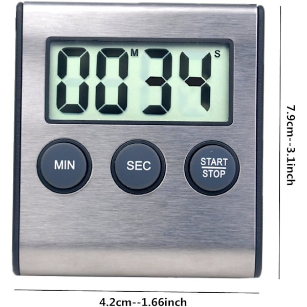 Mini Digital Timer, 24-timers format, Nedtælling og Stopur, til køkken, sport, studie, møde, rustfrit stål sort