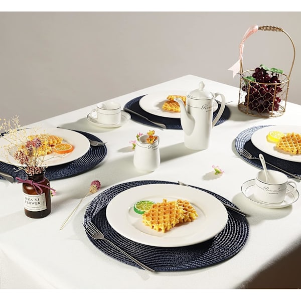 Runda placemats set om 6, 38 cm diameter, vävda värmebeständiga tvättbara bordsmattor för hem kök, matbord, utomhus, fest, marinblå