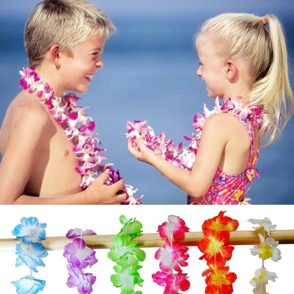 Hawaiian Garland Halsband, 36 st färgglada krusade regnbågsblommor, tropisk Luau blomma Lei silke sommar tema klänning fest dekoration