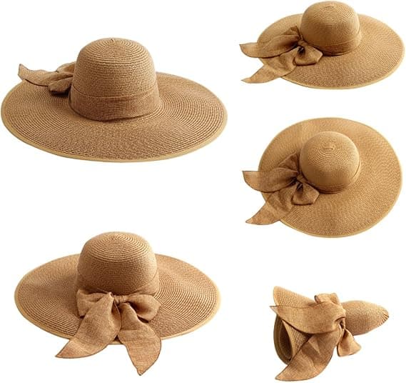 Dame Stor Sløjfe Halmhat Stor Floppy Foldbar Rulle op Strand Cap Solhat，khaki