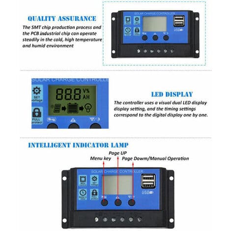 10A solcellelader, 12V/24V solcellepanelkontroller Justerbar LCD solcellepanelkontroller med doble USB-porter