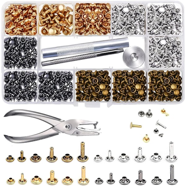 Lädernit 480 Set 3 Storlekar Dubbla Nit Metallrörnit med 3 st Fästverktyg och Stans Tång, för DIY Hantverk Ersättningsnit