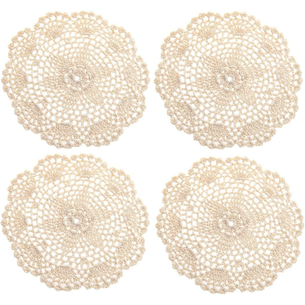 Käsinkudotut puuvillaiset virkatut aluslautaset pitsi pöytätabletit, noin 20 cm, 4 kappaletta (beige)