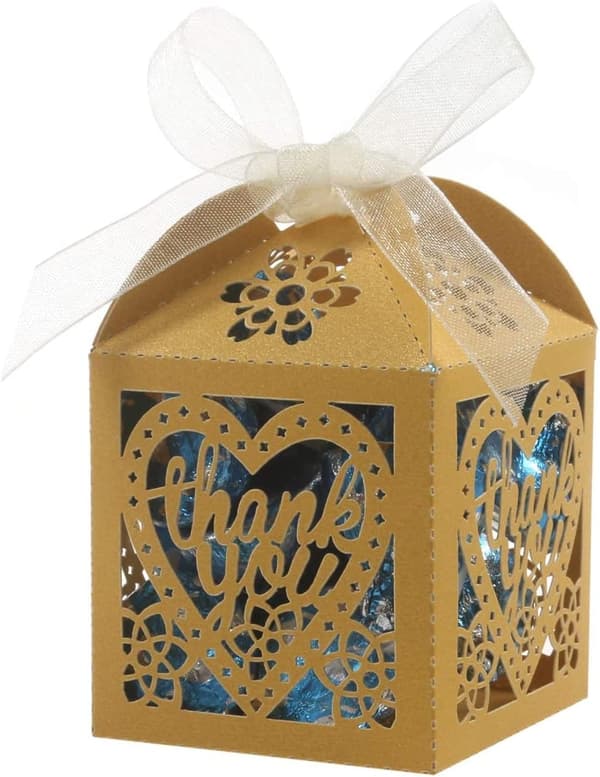 Laser Cut Boxes 60 st Tack Presentförpackningar Bröllop Fest Godisaskar Spets Godisaskar Gold 2 x 2 x 3 inch