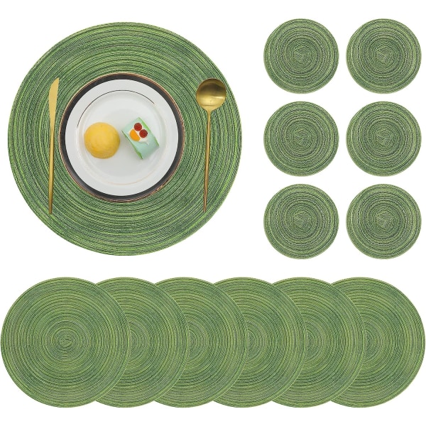 Runda bordstabletter och glasunderlägg set om 6, gröna halkfria bordsmattor och glasunderlägg Värmebeständiga dekorbord bordsunderlägg
