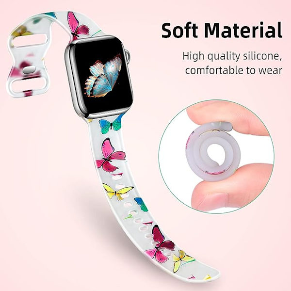 Blødt silikonearmbånd kompatibelt med Apple Watch-rem 40mm 38mm 41mm Dame sommerfuglemønster armbånd til iWatch Series 8 7 6 5 4 3 2 1 SE