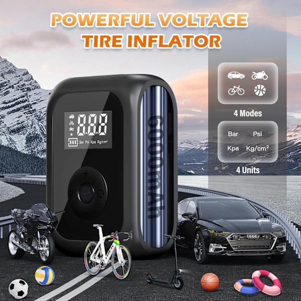 Ilmapumppu Schrad Portable Air Compressor 2000mAh: Mini sähköinen ilmapumppu 10.3Bar/150PSI, digitaalisella näytöllä ja LED-valolla sekä 4 tilalla