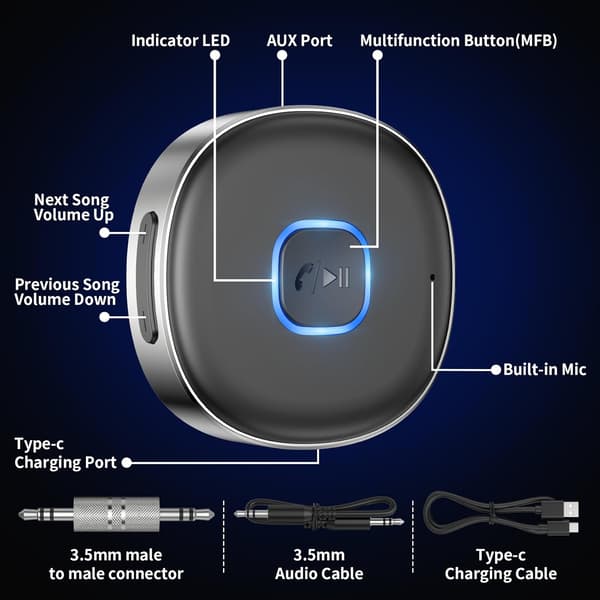Bluetooth Biladapter, Bluetooth 5.3 Mottaker, 3.5mm Aux Bluetooth-kontakt, Bærbar Trådløs for Bilstereo/Kablede Hodetelefoner