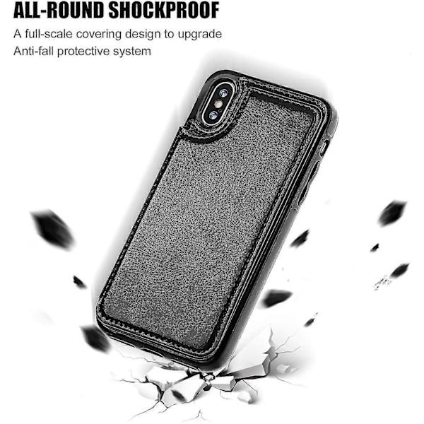 Iphone Xs Iphone X Wallet Case Med Kortholder, Dobbelt Magnetisk Lås - Sort