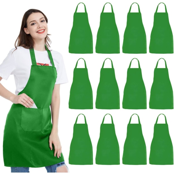 12-pack haklappsförkläde - Unisex grönt förkläde Bulk med 2 rymliga fickor Maskintvättbar för kökspyssel BBQ-ritning
