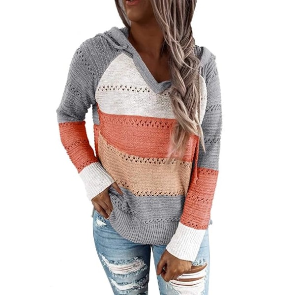 Womens Striped Color Block Hoodies Fashion V Neck Knit Sweater Pullovers grey XL