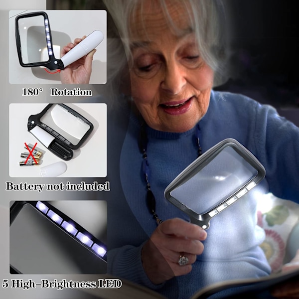 Rektangulær leselupe, med LED-lys, 2 intensitetsmoduser og 2x forstørrelse