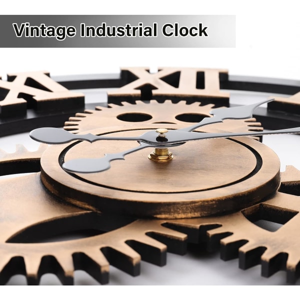 30 cm veggklokke, 3D retro industriell stille romertall veggklokke, egnet for hjem og kontor