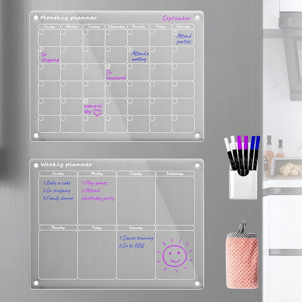 Akryl Magnetisk Månads- och Veckokalender för Kylskåp, Klar Set med 2 Whiteboard Kalender Återanvändbar Planerare (16x12\" Tum)