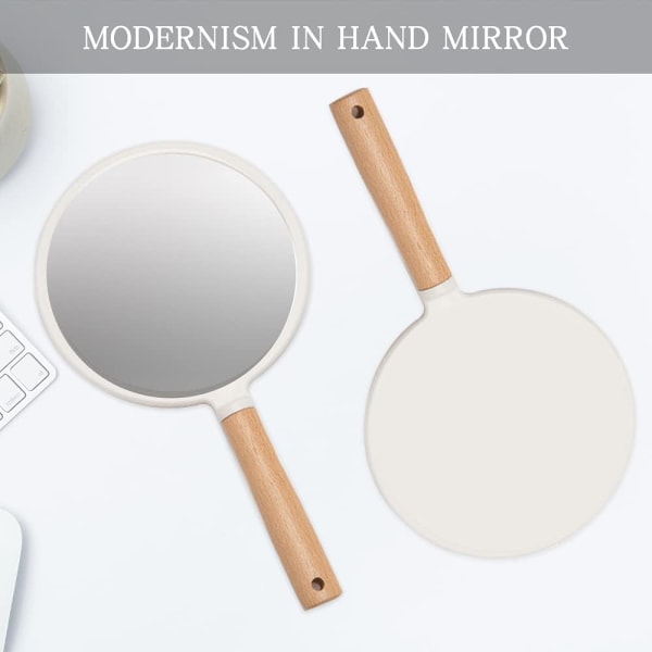 Håndholdt spejl med håndtag til makeup, lille sødt træ håndspejl til barbering med hul til ophængning (rund)