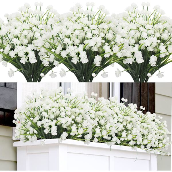 Kunstige falske blomster, 12 bundter udendørs UV-bestandige grønt buske planter indendørs udendørs hængende planter hjem haveindretning White