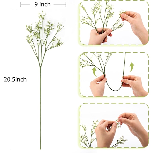 6 stk. Kunstig Brudeslør Gypsophila Blomster Buketter Real Touch Blomster for Bryllupsfest DIY Kransdekorasjon (Hvit)
