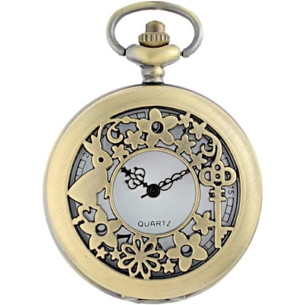 Alice in Wonderland Themed 3D Bronze Effect Women's Quartz Pocket Watch Necklace - On 32" Inch / 80cm Chain