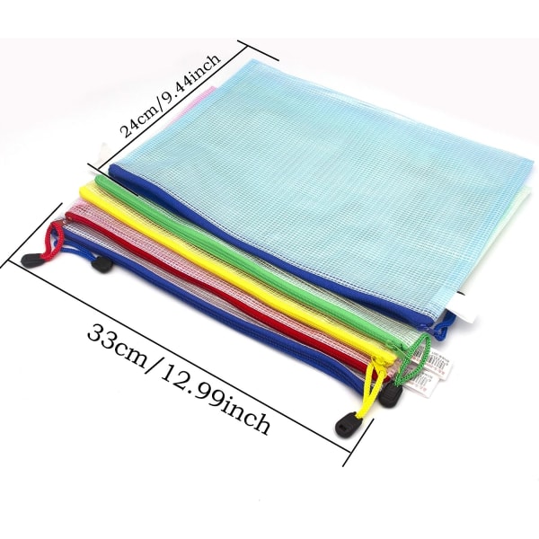 5 stk. A4-lommer i plast - Mapper med lynlås - Ekstra tykke dokumentlommer i mesh med lynlås - Ziplock-poser - A4-lommer i plast - Skoleartikler