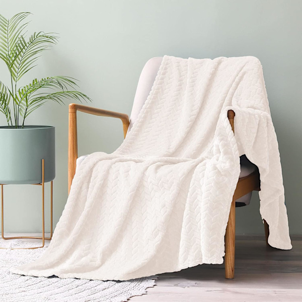 Flanellfleecefilt, 127x178 CM soffkast, mjukt jacquardvävt bladmönster kast för soffa, elfenbensfilt