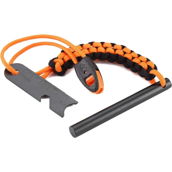 Boret ildstarter i jern, flintstål med paracord-lanyard-håndtag, ildstål og fløjte