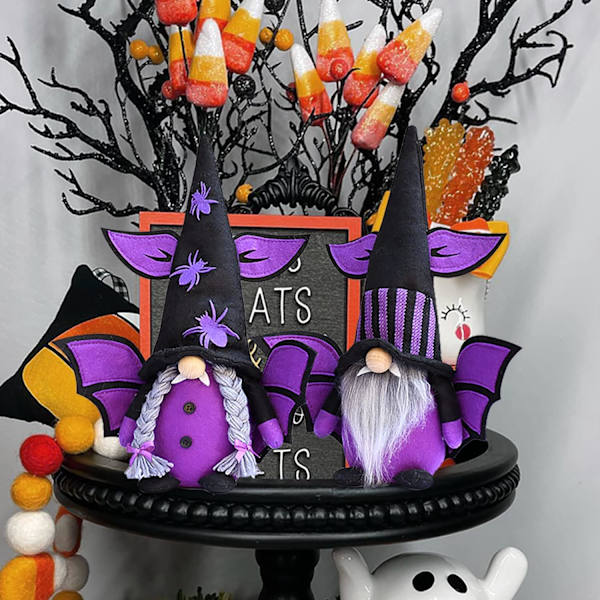 2 stk Halloween Gnome høstdekorasjoner, håndlagde ansiktsløse plysj Halloween heksgnomer med edderkoppflaggermuspynt