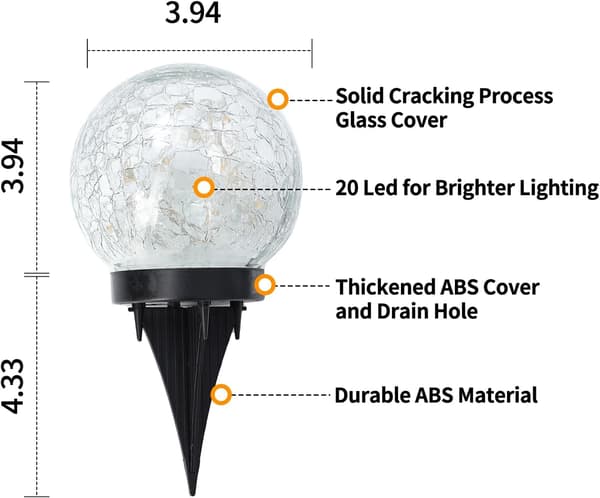 Vandtæt Udendørs Solcellelampe - 0,5W IP44 - Have Solcellekugle, Knust Glas Kugle - 10cm