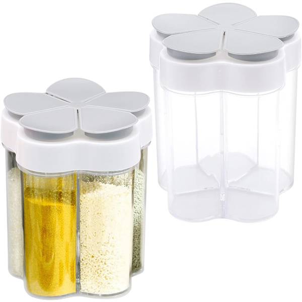 2 st resebehållare för kryddor med lock, tomma krydddispensrar i plast, 5 i 1 salt- och pepparkvarn i plast för hem, restaurang, camping, matlagning, grillning