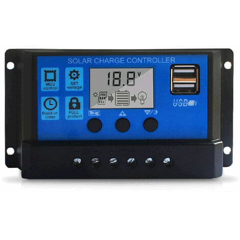 10A solcellelader, 12V/24V solcellepanelkontroller Justerbar LCD solcellepanelkontroller med doble USB-porter