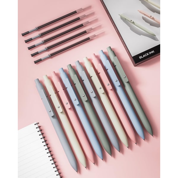 10 st söta pastellgelpennor med 5 extra påfyllningar, 0,5 mm finpunktsskrivpennor, snabbtorka indragbara svarta bläckpennor, för kontorsmaterial till skolan