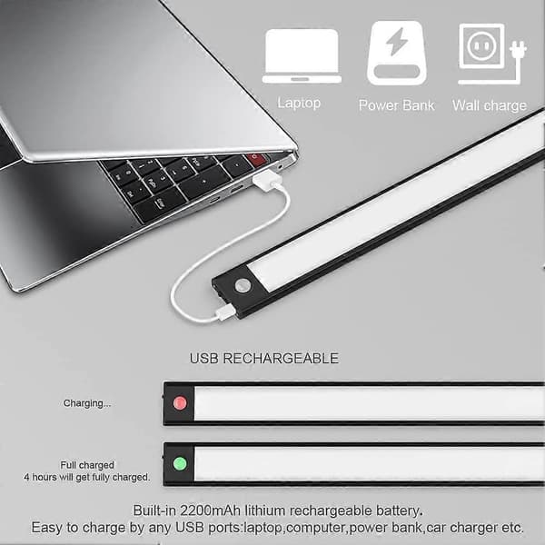2 stk. LED skabslys, 40 cm, USB genopladelig, 3 tilstande, varm hvid 3000K, sort