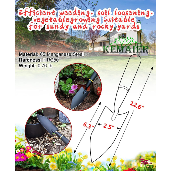 Trädgårdsskyffel - Kraftig trädgårdsslev, trädgårdsslev i kolstål med gummerat handtag, trädgårdsredskap med glättare
