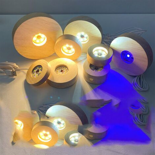 Trä LED-lamphållare Rund LED-basplatta USB-strömförsörjning Skrivbordsfäste Kristallkula Prydnad Glas Harts (Varm Ljus)