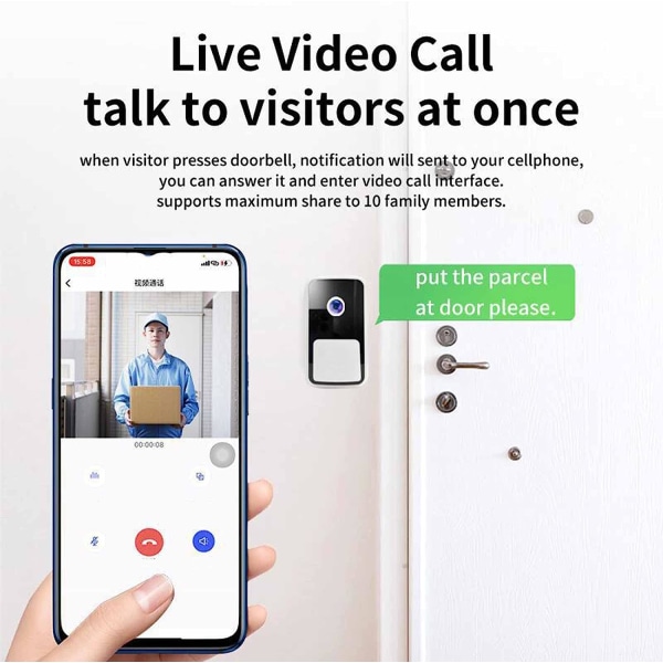 Smart trådløs visuel dørklokke, intelligent videodørklokke med hjemmeintercom, WiFi genopladelig