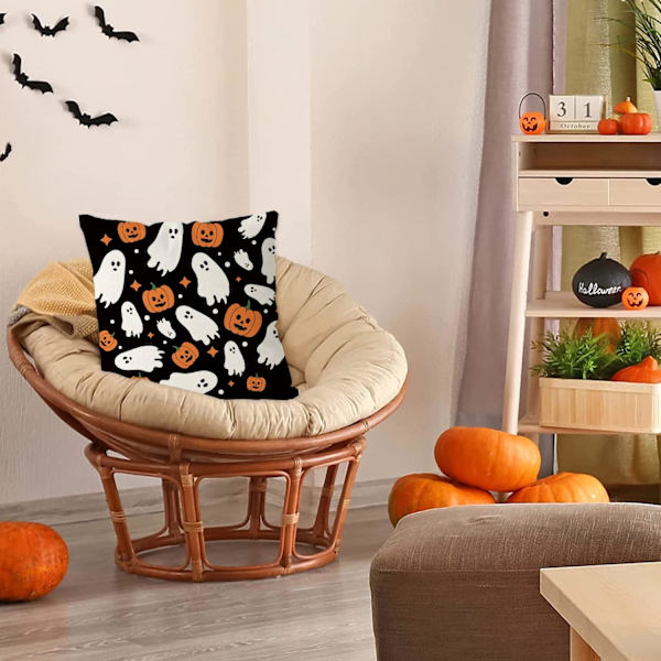 Halloween Putetrekk i Lin 45x45cm Gresskar Spøkelser Mønster Innendørs Utendørs Putetrekk for Hjemmesofa Dekor